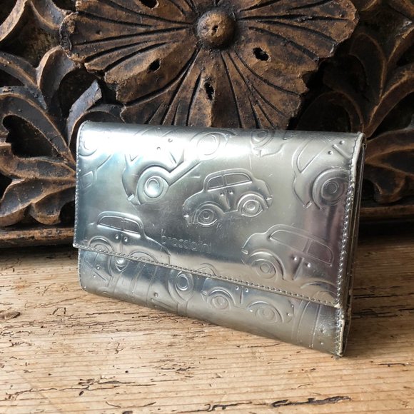 Braccialini Metallic Silver Embossed Cars Leather Trifold Checkbook Wallet - Picture 4 of 16